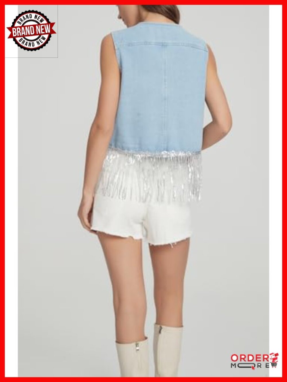 Denim Fringe Vest Top with Pearl & Sequin Details Lightweight Summer Vest - Picture 3 of 6